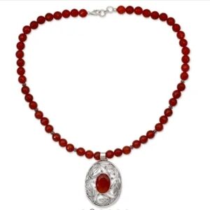 Elegant Red Beaded Necklace with Silver Pendant